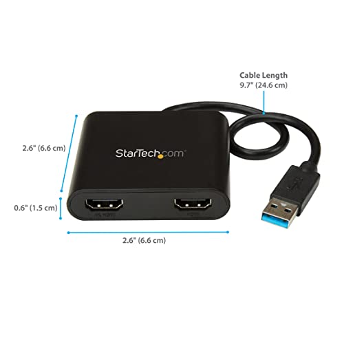 StarTech.com Adaptador USB 3.0 a 2 Puertos HDMI - 2 Puertos a 1080p o 1x 4K 30Hz - Tarjeta Gráfica de Vídeo Externa - Adaptador USB 2xHDMI - Compatible Solamente con Windows - Negro (USB32HD2)