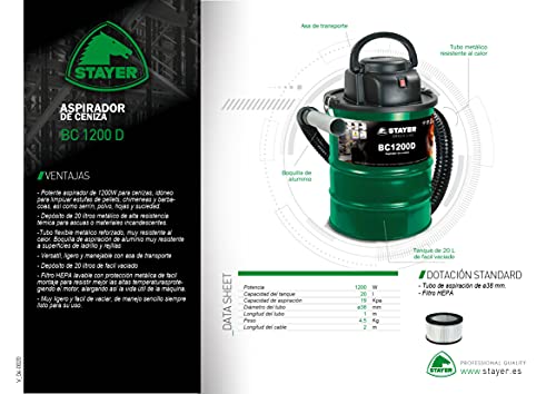 Stayer 1200D Aspirador de Ceniza BC 1200 D, W, 230 V, Verde, 0