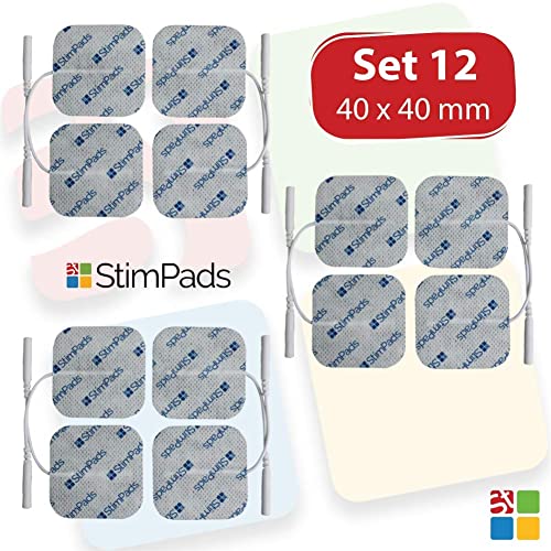 StimPads, 40X40mm, ECO-PACK de 12 unidades de alto rendimiento, electrodos TENS - EMS de larga duración con conector universal tipo pin de 2mm