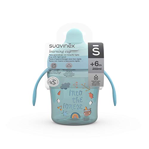 Suavinex Vaso Entrenamiento Bebé, Con Boquilla Rígida y Asas, Para Bebés +6 Meses, Apto Para Lavavajillas, Color Azul, 200ml