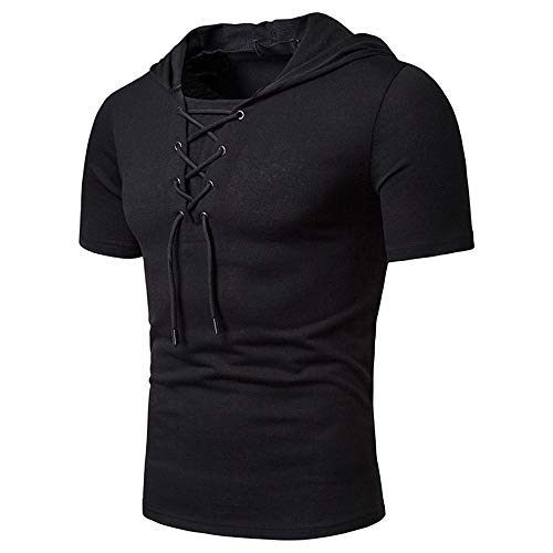 Sudadera con Capucha Hombre Verano Cuello Redondo Color Sólido Hombre T-Shirt Transpirable con Cordones Manga Corta Hombre Shirt Estilo Callejero Jogging Hombres Shirt Muscular B-Black XL