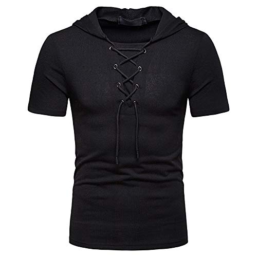 Sudadera con Capucha Hombre Verano Cuello Redondo Color Sólido Hombre T-Shirt Transpirable con Cordones Manga Corta Hombre Shirt Estilo Callejero Jogging Hombres Shirt Muscular B-Black XL