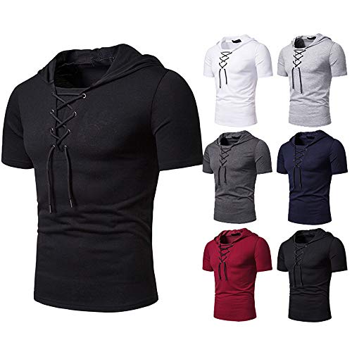 Sudadera con Capucha Hombre Verano Cuello Redondo Color Sólido Hombre T-Shirt Transpirable con Cordones Manga Corta Hombre Shirt Estilo Callejero Jogging Hombres Shirt Muscular B-Black XL