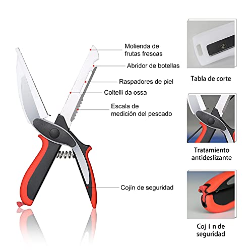 T-GOGO Tijeras de Cocina, 2 en 1 Clever Cortador de Cocina, Cuchillo de Acero Inoxidable con Tabla de Cortar, Tijeras Multifunción Para Alimentos con Funda Protectora para Cuchilla