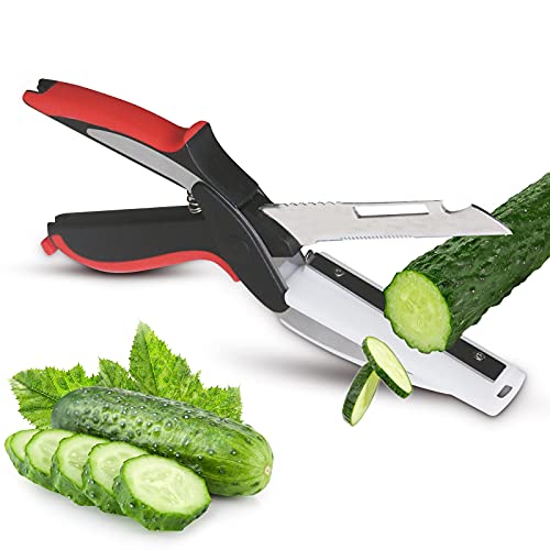 T-GOGO Tijeras de Cocina, 2 en 1 Clever Cortador de Cocina, Cuchillo de Acero Inoxidable con Tabla de Cortar, Tijeras Multifunción Para Alimentos con Funda Protectora para Cuchilla