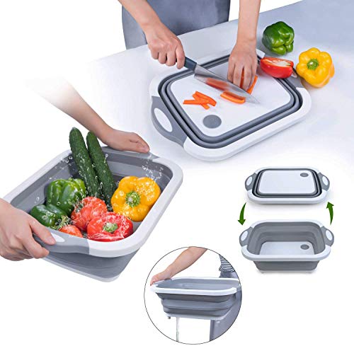 Tabla de Cortar Plegable 3 in 1,Cesta de almacenamiento, Fregadero de lavado, Tabla de cortar para drenaje, Portátil, Para frutas de la cocina, Verduras, Camping, Al aire libre, Viajes, gris