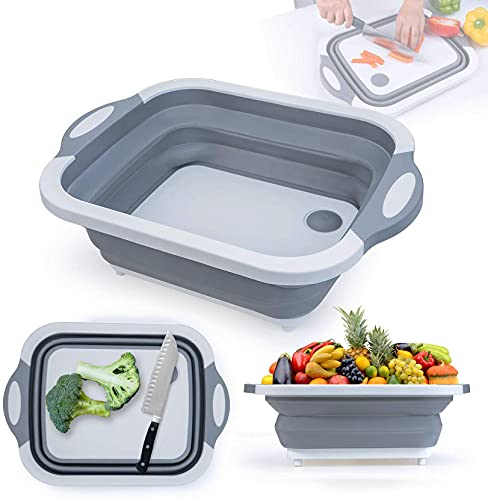 Tabla de Cortar Plegable 3 in 1,Cesta de almacenamiento, Fregadero de lavado, Tabla de cortar para drenaje, Portátil, Para frutas de la cocina, Verduras, Camping, Al aire libre, Viajes, gris