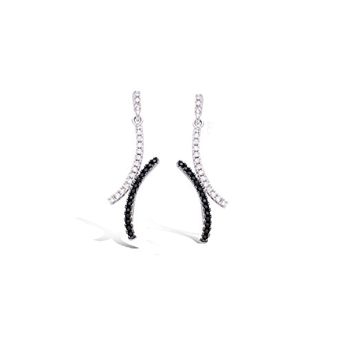 Tata Gisele© - Pendientes Yucca de plata 925/000 rodiada y óxido de circonio negro – 2 líneas curvadas de espalda a espalda que forman una X – Bolsa de regalo