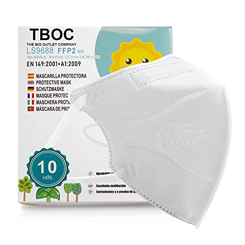 TBOC Mascarillas FFP2 [Pack 10 Unidades] Máscaras Desechables de Tamaño Pequeño [Color Blanco] Cinco Capas [No Reutilizables] Transpirables Plegables con Pinza Nasal [Certificadas y Homologadas]