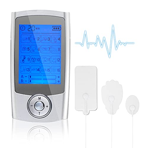 Tens Machine para aliviar el dolor, Mini Tens Unit Estimulador muscular con 16 modos, Masajeador de pulso electrónico EMS recargable por USB con 10 almohadillas de masaje de repuesto -Paquete familiar