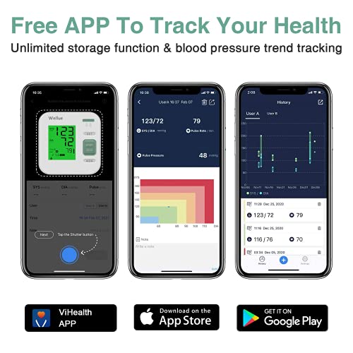 Tensiómetro de Brazo Digital, APP con Gestión de Datos, Usuario Dual, Detección del Pulso Arrítmico, Home Blood Pressure Monitor con Brazalete 22-40cm