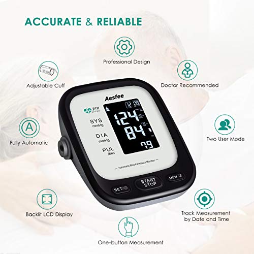 Tensiómetro de Brazo Digital Recargable USB, Monitor Eléctrico de Presión Arterial Medición Automática de la Presión con Brazalete de 22-36cm, Usuario Dual 2 x 90 Memorias, Pantalla LCD Retroiluminada