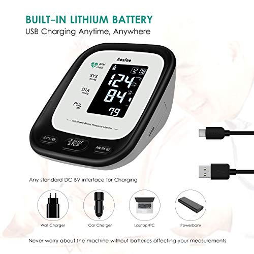 Tensiómetro de Brazo Digital Recargable USB, Monitor Eléctrico de Presión Arterial Medición Automática de la Presión con Brazalete de 22-36cm, Usuario Dual 2 x 90 Memorias, Pantalla LCD Retroiluminada