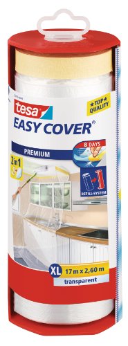 tesa Easy Cover Film PREMIUM , 2 en 1 Película Protectora y Cinta Adhesiva de Pintor para Enmascarar , Recargable, con Dispensador , 17 m x 260 cm