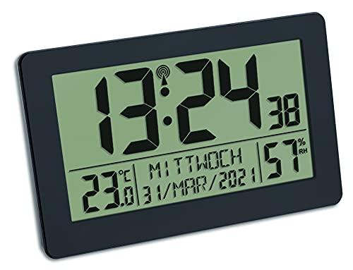 TFA Dostmann 60.2557.01 - Reloj de Pared Digital controlado por Radio, Pantalla Grande, indicador de Temperatura, Fecha, día de la Semana, plástico, Color Negro, 206 x 30 x 130 mm