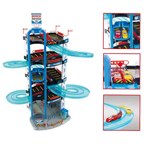 Theo Klein 2813 Aparcamiento Bosch Car Service, Con 5 plantas, doble rampa de salida, 2 coches de carreras, ascensor y mucho más, Medidas: 55 cm x 55 cm x 85 cm, Juguete para niños a partir de 3 años