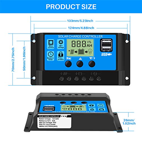 Thlevel 30A Controlador de Carga Solar 12V/24V Panel Solar Inteligente Controlador de Carga con Pantalla LCD y Doble Puerto USB para Panel Solar, Lámpara, Batería y Iluminación LED (30A)