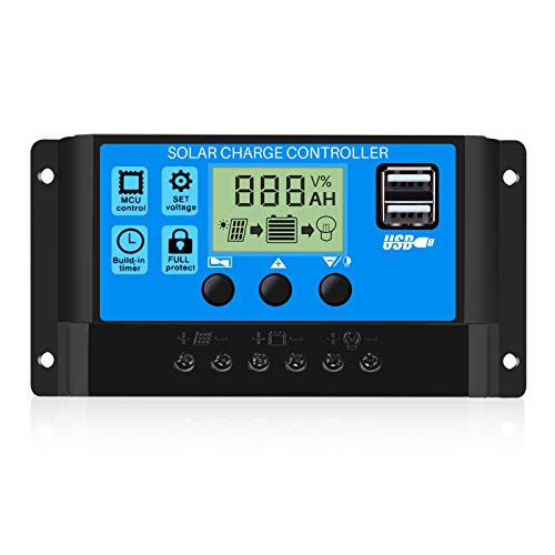 Thlevel 30A Controlador de Carga Solar 12V/24V Panel Solar Inteligente Controlador de Carga con Pantalla LCD y Doble Puerto USB para Panel Solar, Lámpara, Batería y Iluminación LED (30A)