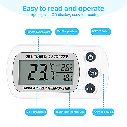 Thlevel Termómetro para Frigorífico Termómetro de Frigorífico Congelador Impermeable con Gancho, Pantalla LCD Fácil de Leer, Función de Registro Máximo/Mínimo (blanco 2pcs)