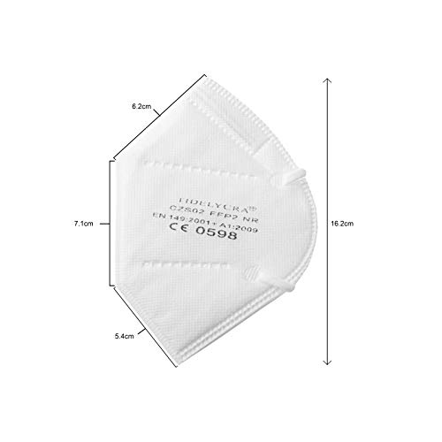 TIDELYCRA Mascarilla FFP2 NR Certificado CE 0598 Blanca con Filtro de Nanomembrana y Cintas Sujección a la Cabeza, Homologada EU (25 uds)