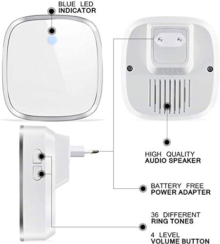 Timbre Inalámbrico para Puerta, Timbre impermeable para exteriores y interiores, Alcance a 300m, 4 Volúmenes Ajustables y 36 Tonos, Timbre para Puerta,para Oficina, Hotel, Casa y Más, con LED Flasch