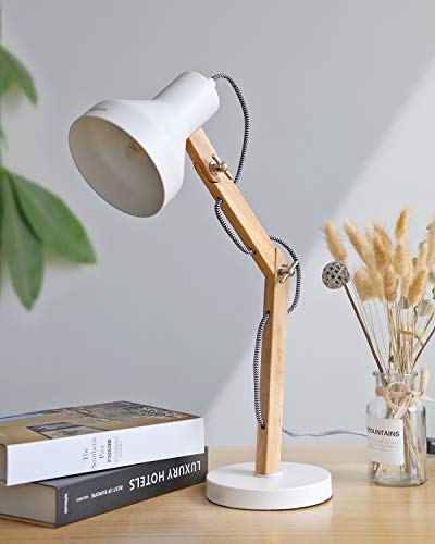 Tomons Lámpara de Escritorio de Madera, Lámpara de Mesa Diseñada, Lámparas de Lectura, Lámpara de Estudio, Lámpara de Trabajo, Lámpara de Oficina, Lámpara de Cabecera de Noche, Bombilla LED, Blanco