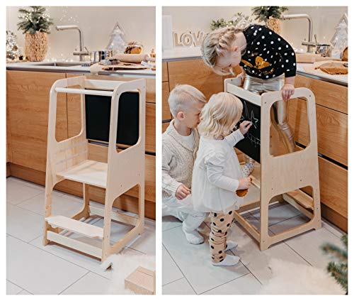 Torre de Aprendizaje Montessori con pizarra - Plataforma de Madera para Trepar en la Cocina para Bebés y Niños - Torres Ajustables para Encimeras y Mesa - Taburete Seguro y Duradero - Learning Tower