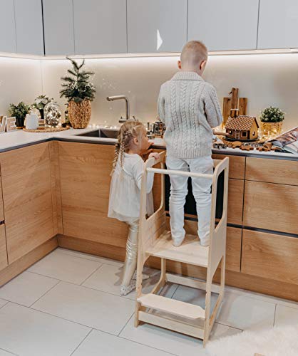 Torre de Aprendizaje Montessori con pizarra - Plataforma de Madera para Trepar en la Cocina para Bebés y Niños - Torres Ajustables para Encimeras y Mesa - Taburete Seguro y Duradero - Learning Tower