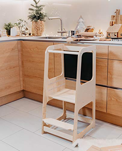 Torre de Aprendizaje Montessori con pizarra - Plataforma de Madera para Trepar en la Cocina para Bebés y Niños - Torres Ajustables para Encimeras y Mesa - Taburete Seguro y Duradero - Learning Tower