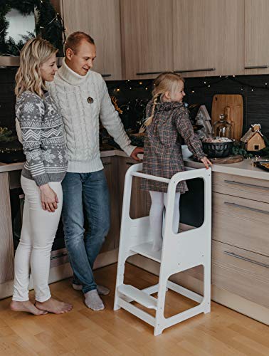 Torre de Aprendizaje Montessori - Plataforma de Madera para Trepar en la Cocina para Bebés y Niños - Torres Ajustables para Encimeras y Mesa - Taburete Seguro y Duradero - Learning Tower (Blanco)