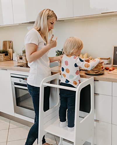 Torre de Aprendizaje Montessori - Plataforma de Madera para Trepar en la Cocina para Bebés y Niños - Torres Ajustables para Encimeras y Mesa - Taburete Seguro y Duradero - Learning Tower (Blanco)