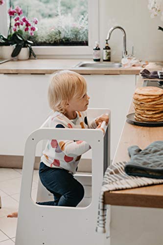 Torre de Aprendizaje Montessori - Plataforma de Madera para Trepar en la Cocina para Bebés y Niños - Torres Ajustables para Encimeras y Mesa - Taburete Seguro y Duradero - Learning Tower (Blanco)