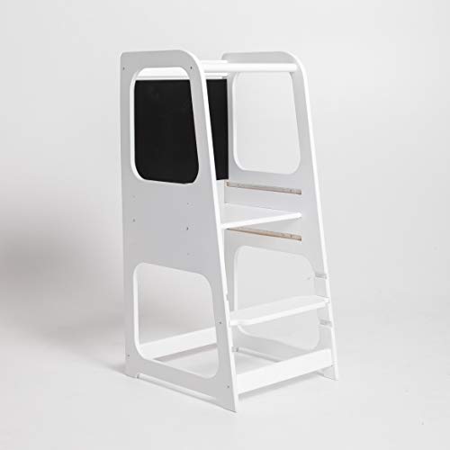 Torre de Aprendizaje Montessori - Plataforma de Madera para Trepar en la Cocina para Bebés y Niños - Torres Ajustables para Encimeras y Mesa - Taburete Seguro y Duradero - Learning Tower (Blanco)