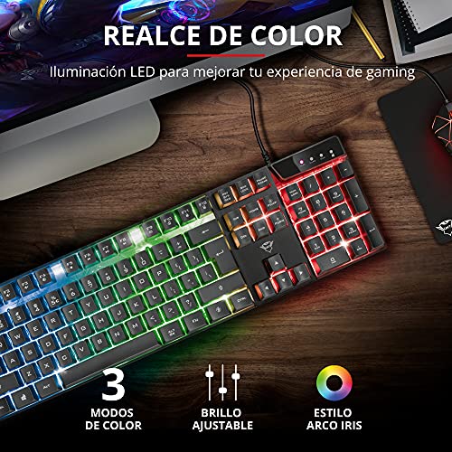 Trust Gaming GXT 835 Azor Teclado Retroiluminado Layout español (3 Modos de Color LED, Anti-Ghosting, 12 Teclas para Funciones Multimedia) Negro