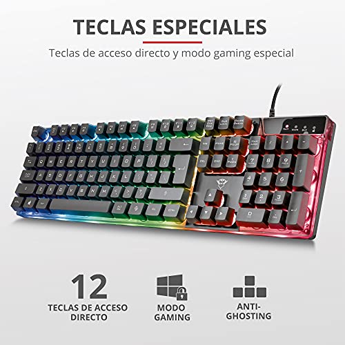 Trust Gaming GXT 835 Azor Teclado Retroiluminado Layout español (3 Modos de Color LED, Anti-Ghosting, 12 Teclas para Funciones Multimedia) Negro