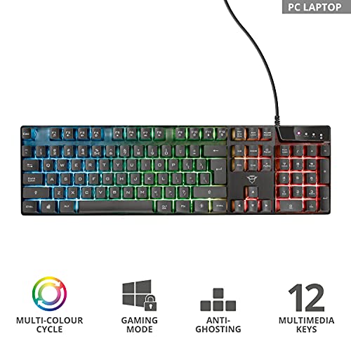 Trust Gaming GXT 835 Azor Teclado Retroiluminado Layout español (3 Modos de Color LED, Anti-Ghosting, 12 Teclas para Funciones Multimedia) Negro