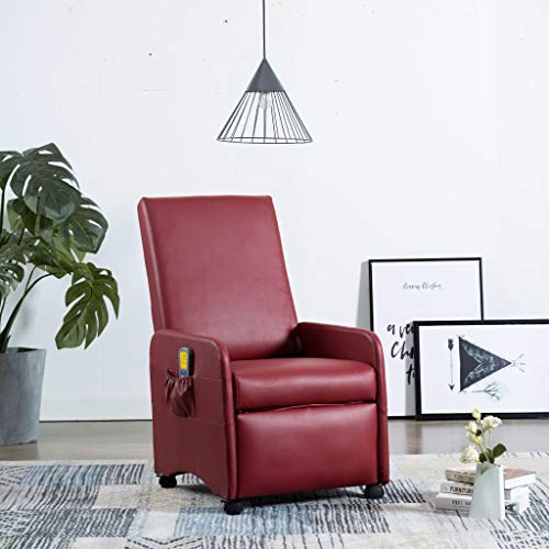 UnfadeMemory Sillon Masaje Relax Reclinable con Ruedas,Sillon Relax de Salón,Cuero Sintético,5 Modos y 8 Puntos de Masaje (Vino Tinto)