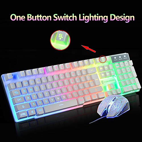 UrChoiceLtd Teclado Ratón Teclado Arcoiris Arcoiris Backlit Teclado USB + 2400DPI Ratón 6 Botones Optical LED Gaming Ratón Para Ordenador + Juego Mouse Pad 240 * 200 * 3mm Tamaño Estándar (Blanco)