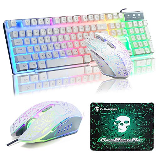 UrChoiceLtd Teclado Ratón Teclado Arcoiris Arcoiris Backlit Teclado USB + 2400DPI Ratón 6 Botones Optical LED Gaming Ratón Para Ordenador + Juego Mouse Pad 240 * 200 * 3mm Tamaño Estándar (Blanco)