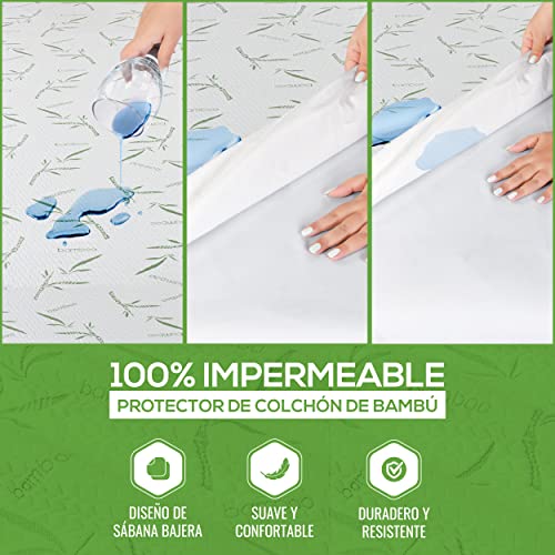 Utopia Bedding Impermeable Protector De Colchón De Bambú 150 x 200 x 30 cm, Funda De Colchón Premium, Transpirable, Estilo Ajustado Todo Elástico