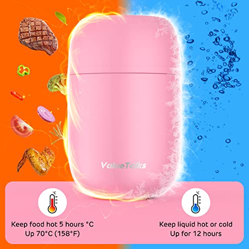 ValueTalks Termo para Alimentos 450ml Tarro de Comida Acero Inoxidable Aislado al Vacío Frasco con una Cuchara Plegable para Adultos Niños y Bebés(Rosa)