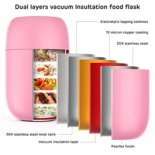 ValueTalks Termo para Alimentos 450ml Tarro de Comida Acero Inoxidable Aislado al Vacío Frasco con una Cuchara Plegable para Adultos Niños y Bebés(Rosa)