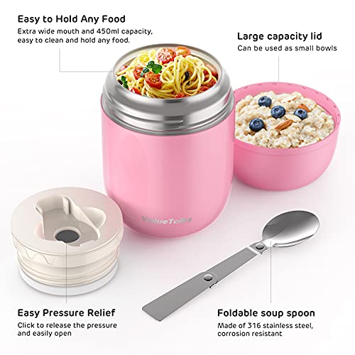 ValueTalks Termo para Alimentos 450ml Tarro de Comida Acero Inoxidable Aislado al Vacío Frasco con una Cuchara Plegable para Adultos Niños y Bebés(Rosa)