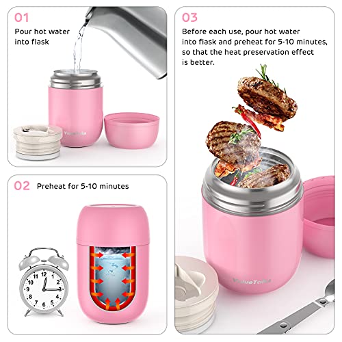 ValueTalks Termo para Alimentos 450ml Tarro de Comida Acero Inoxidable Aislado al Vacío Frasco con una Cuchara Plegable para Adultos Niños y Bebés(Rosa)