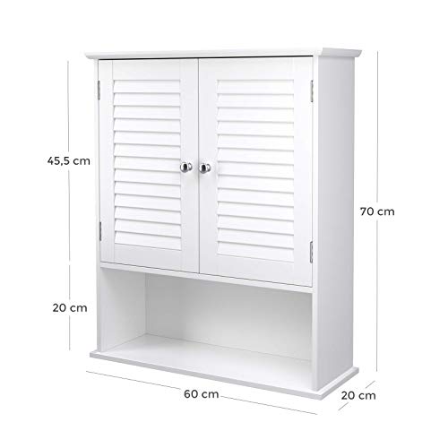 VASAGLE Armario de Pared, Armario Colgante de Baño, Armario para Medicamentos con Estante Ajustable, Puertas de Doble Persiana y Estante Abierto, 60 x 20 x 70 cm, Madera, Blanco BBC27WT