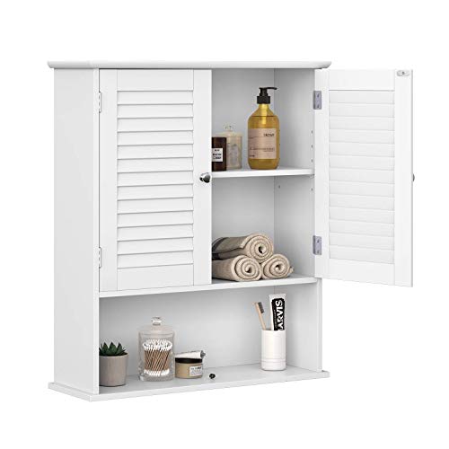 VASAGLE Armario de Pared, Armario Colgante de Baño, Armario para Medicamentos con Estante Ajustable, Puertas de Doble Persiana y Estante Abierto, 60 x 20 x 70 cm, Madera, Blanco BBC27WT