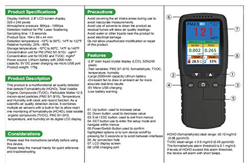 Vibiu Detector de Calidad del Aire PM2.5 Detector de HCHO