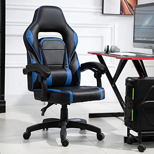 Vinsetto Silla de Oficina Ergonómica Ajustable en Altura Reclinable hasta 135° Silla Racing con Respaldo Alto Reposabrazos Regulable Asiento Acolchado 64x69x119-129 cm Azul