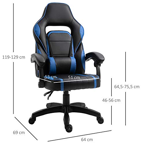 Vinsetto Silla de Oficina Ergonómica Ajustable en Altura Reclinable hasta 135° Silla Racing con Respaldo Alto Reposabrazos Regulable Asiento Acolchado 64x69x119-129 cm Azul