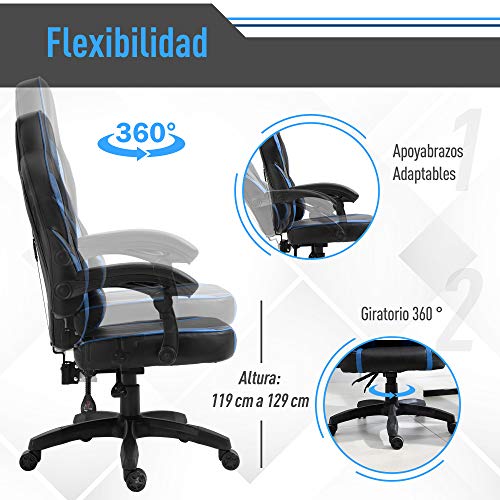 Vinsetto Silla de Oficina Ergonómica Ajustable en Altura Reclinable hasta 135° Silla Racing con Respaldo Alto Reposabrazos Regulable Asiento Acolchado 64x69x119-129 cm Azul